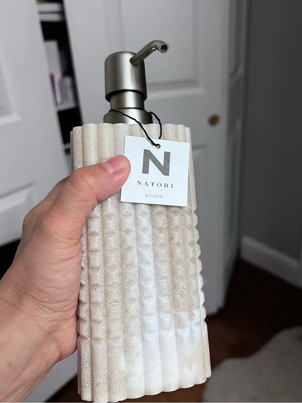 Natori Cream Marble Textured Soap Dispenser and Tumbler Set